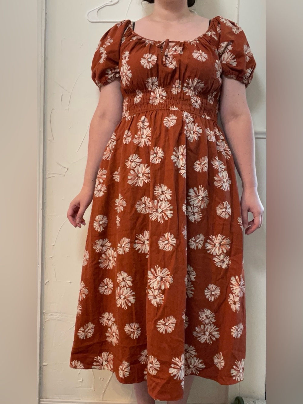 Madewell Sophia Linen-Blend Floral Puff-Sleeve Midi Milkmaid Dress in Rust sz 1X - Picture 11 of 11